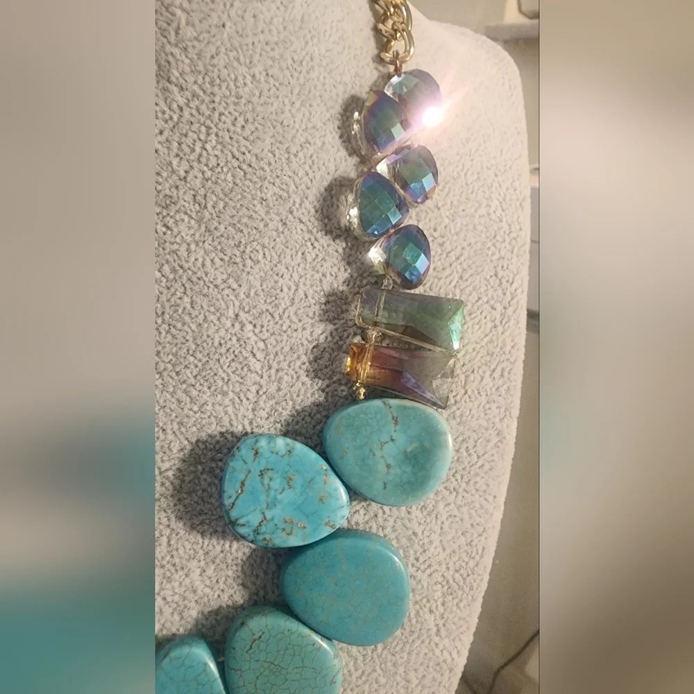 Turquoise and‎ Gold Tone Statement Necklace.
